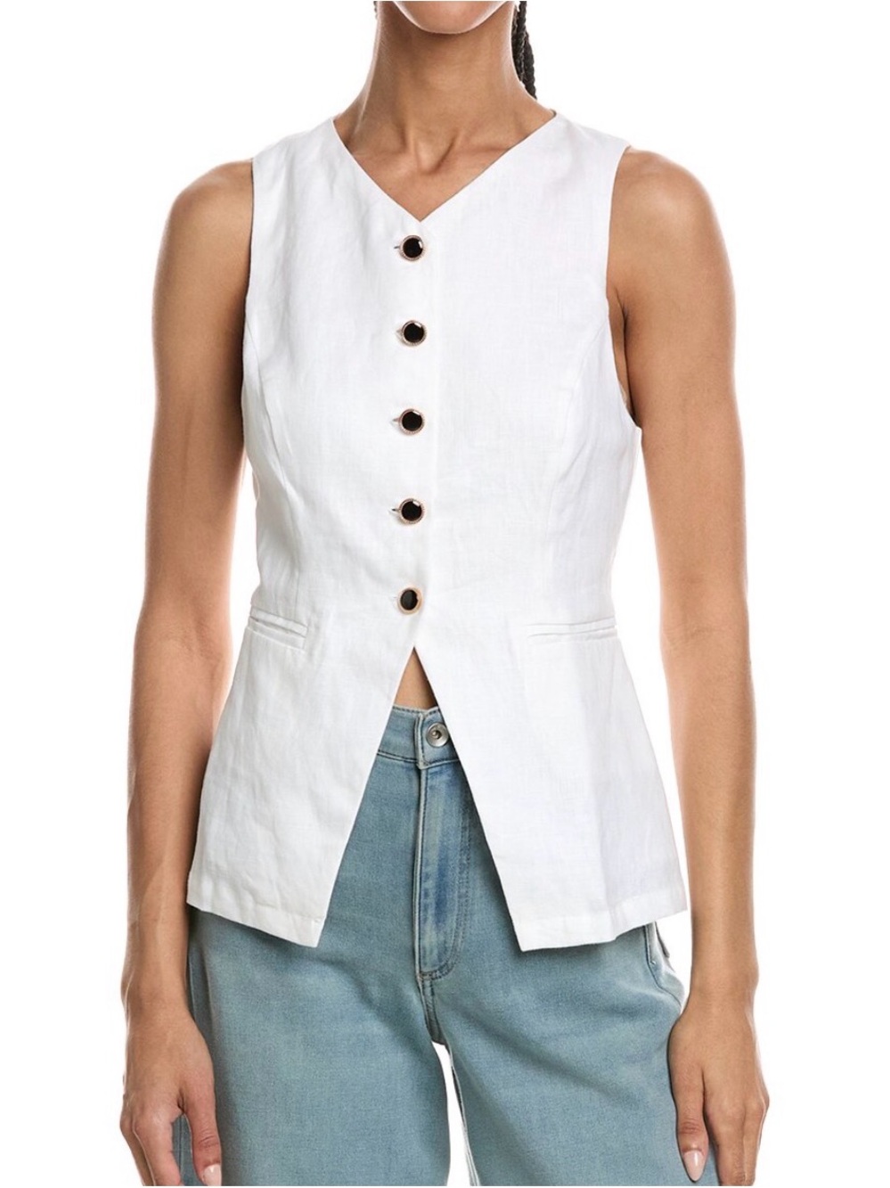White Sleeveless Linen Button-Front Tunic Vest